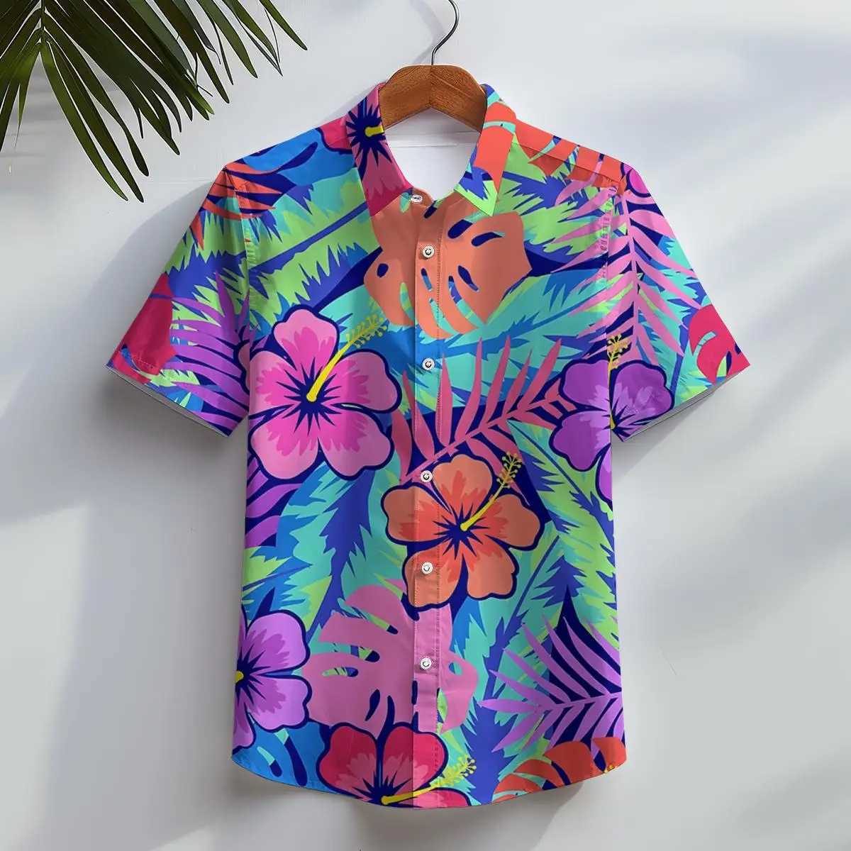 Hawaiian mens beach casual short sleeved button down jacket tropical leaf flower 3D printed summer vacation clothing X250410