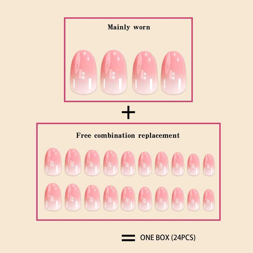24 pieces/set of simple and fashionable girls short oval shaped pink gradient full coverage wearable fake nails W250410