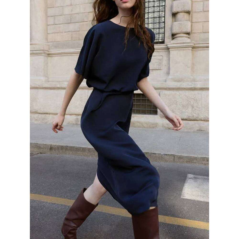 European And American Style Autumn New Fashion Trend Women's Clothing All-Match Drop Shoulder Sleeve Pleated Midi Dress