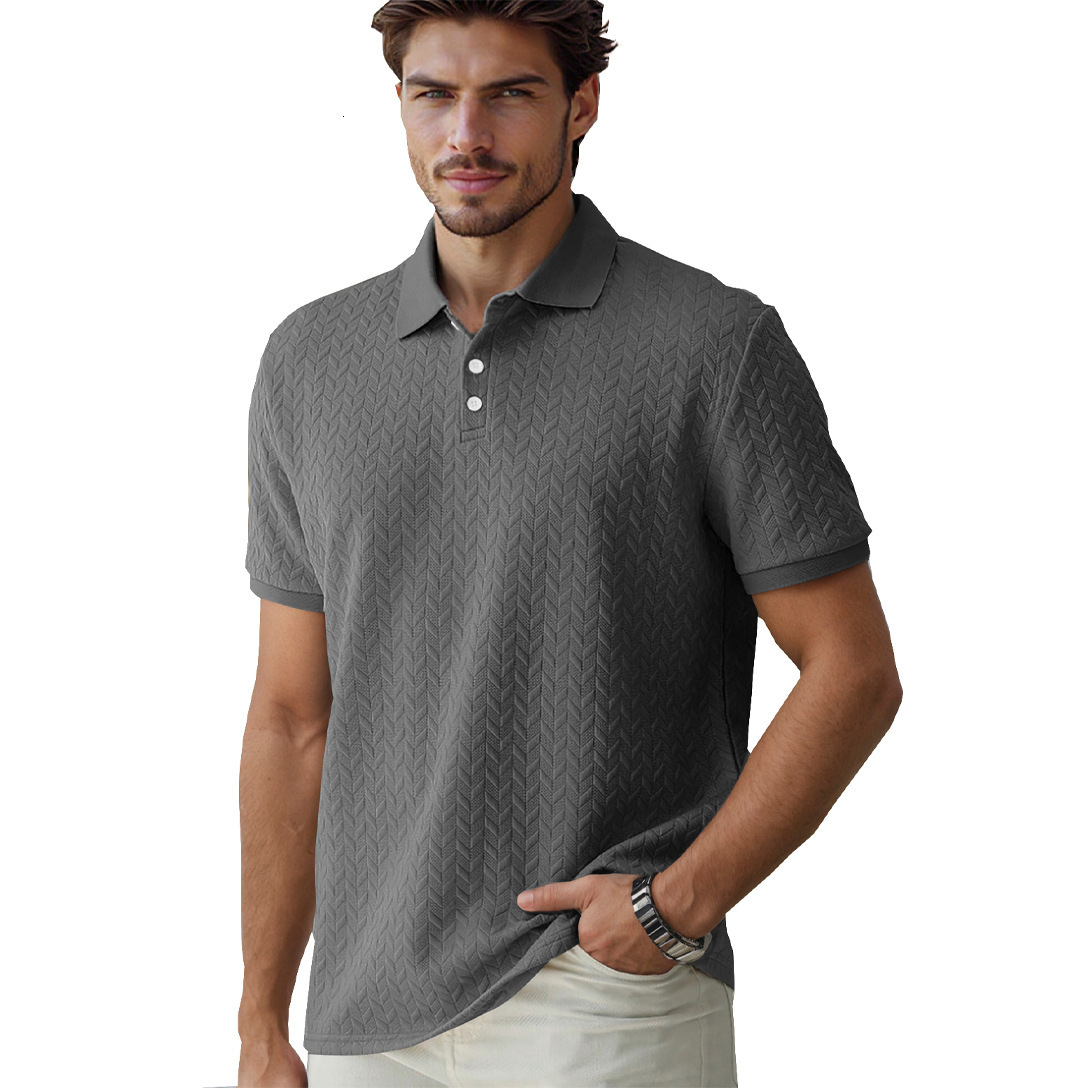 Polo shirt solid color jacquard short sleeved casual slim fit lapel shirt for men