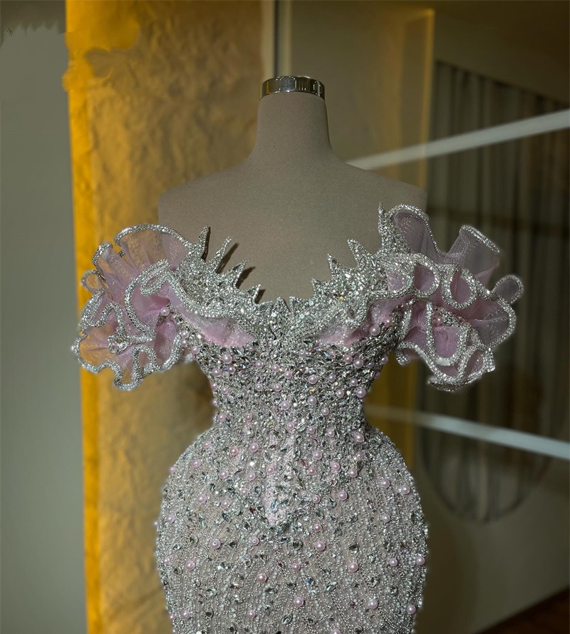 Charming Blush Pink Ruffle Pearl Evening Dress Beads Off Shoulder Flowers Formal Prom Gowns Customized Cocktail robes