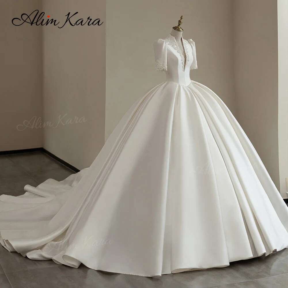 Alim Kara V-neck Ball Gown Wedding Dress 2025 Classic Beaded Satin customized Bridal Beach Princess B346 Party Vestido De Novia