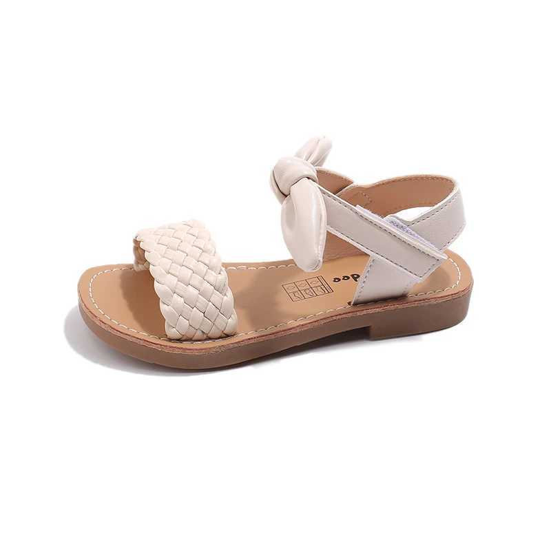 Leather Sandals for Preschool Girls 2024 Summer New Childrens Beach Shoes Open Toe Bow Sweet Princess 21-30 Anti slip Z250410