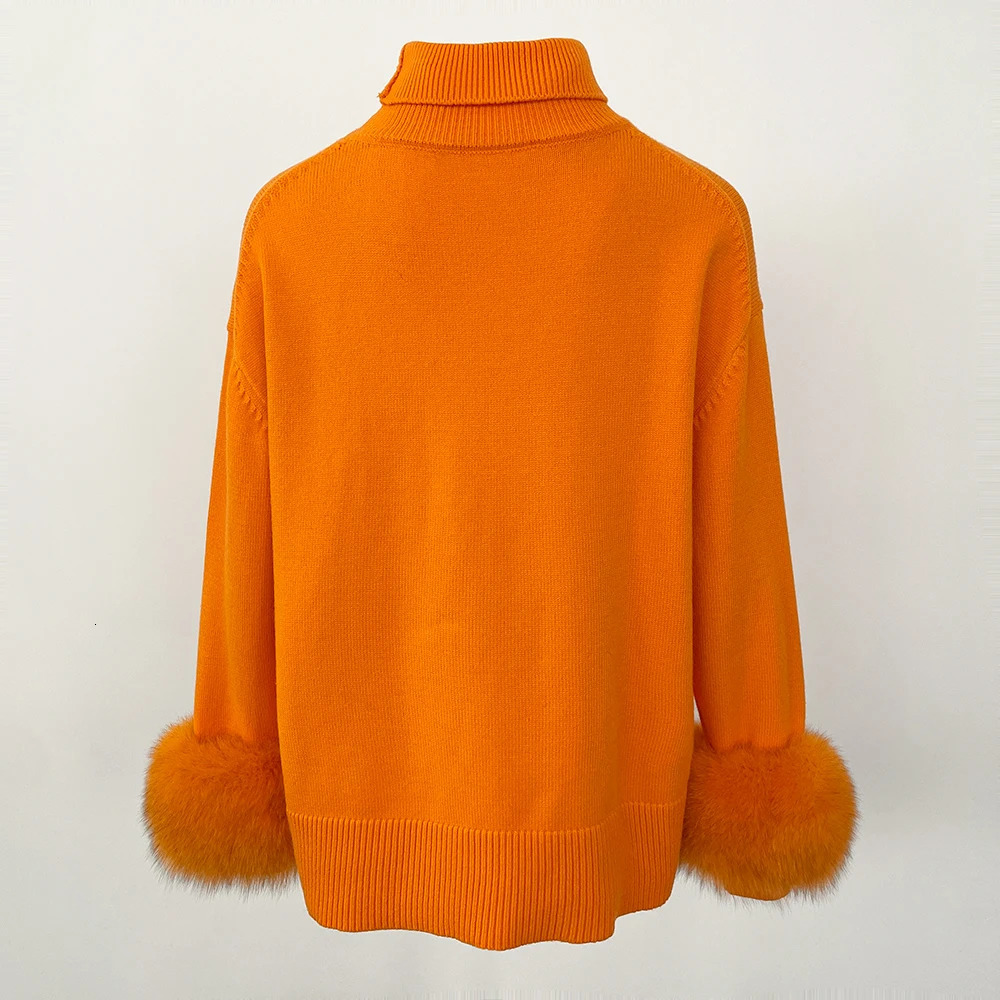 Autumn Winter Standup Collar Sweater Cuff Spliced Natural Fox Fur Sleeves Women Loose Knitted Genuine Real 251110