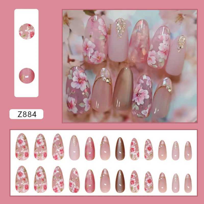 24Pcs Peach Blossom Press on Nails Cats Eye Nude Glitter False Nail for Women Girl Spring and Summer Detachable Wearable Nail W250410