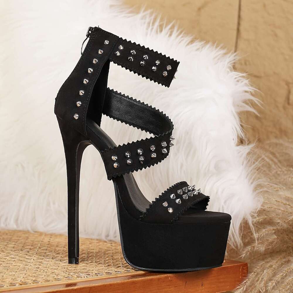996-201 Black Velvet Lyndon Decorative Zipper Open Toe Quality Thin High Heel Fashion Sandals 35-42