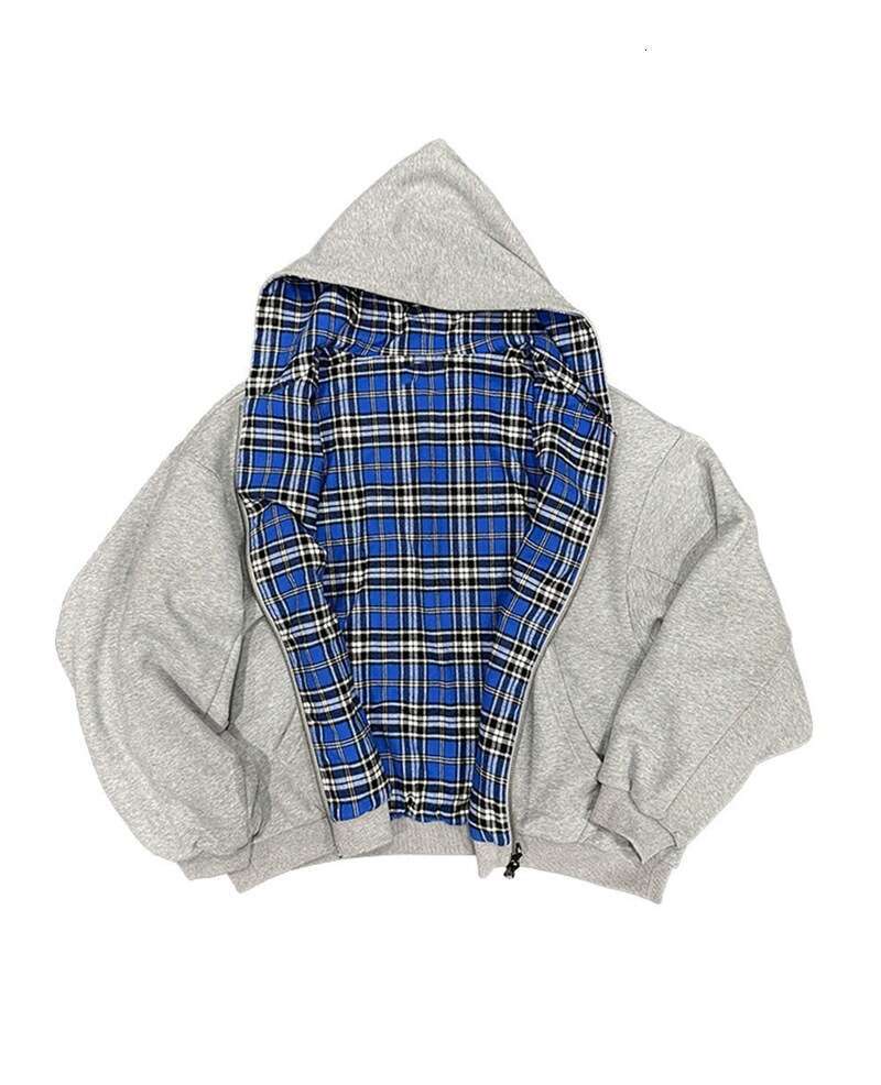 European and American Cross-Border Autumn Winter New Fashion Hooded Zipper Plaid Patchwork Reversible Sweatshirt for Men
