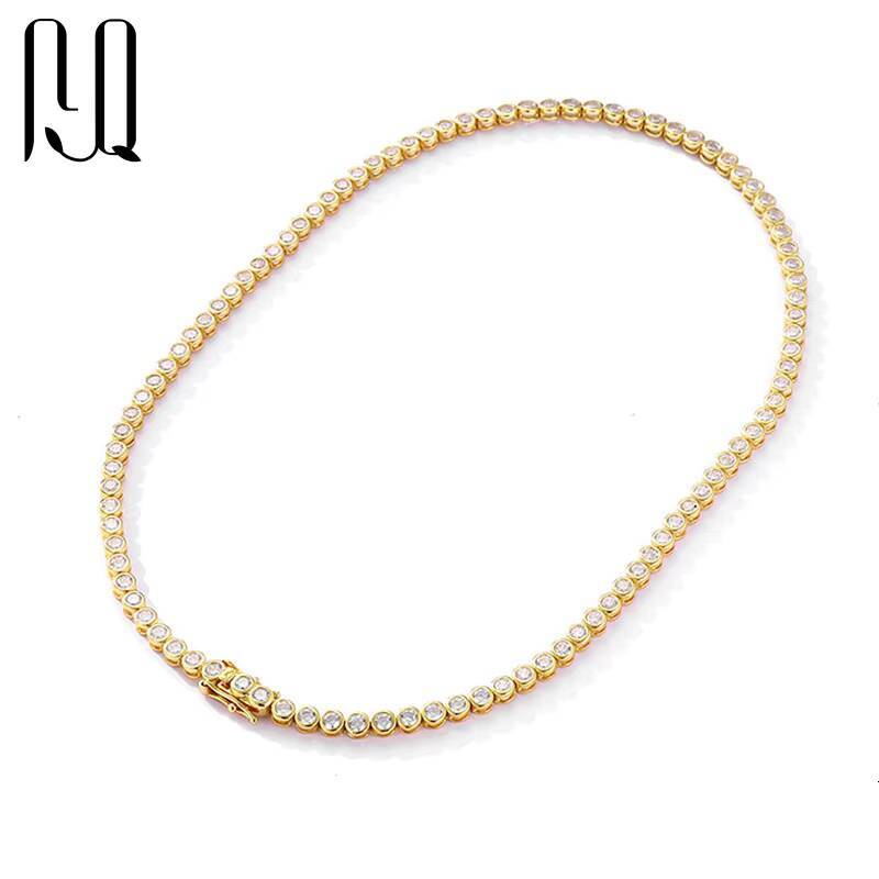 PYQ 2mm 3mm Bezel-Set VVS Tennis Chain Necklace 18K Gold Plated Women Moissanite Necklace 925 Silver Bezel-Set Tennis Chain