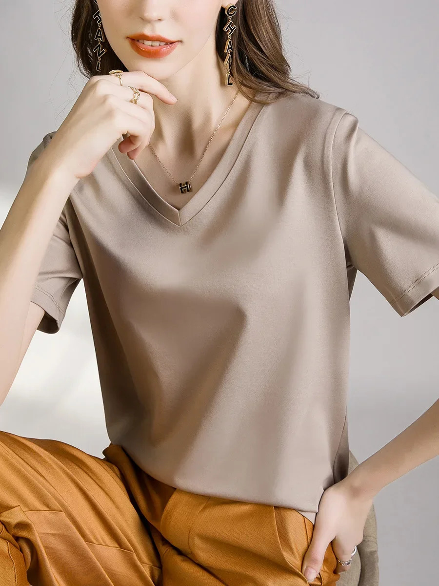 Summer cool liquid ammonia silk cotton short sleeved womens T-shirt basic texture oversized top T-shirt 250410