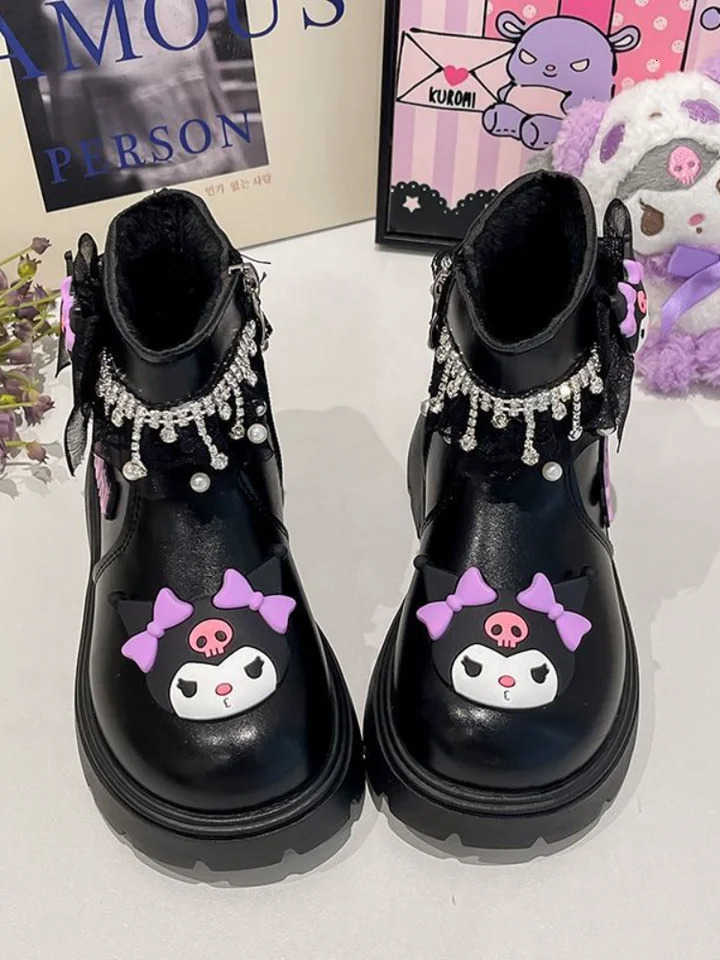 Sanrio Kid Princess Shoes Cute Kuromi Soft Sole Girls Leather Boots Non-Slip Autumn Winter New Children Short Boots Cotton Shoes H251110
