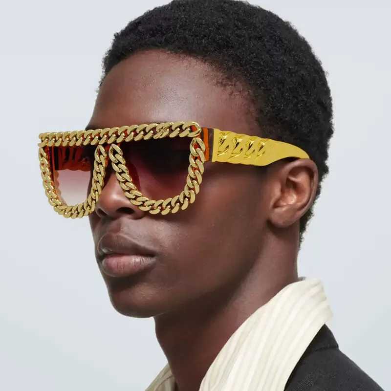 Gold Chain Oversized Square Sunglasses for Men Retro Exaggerated Fashion Designer Punk Sun Glasses for Beach Outdoor Party ShadeW251108
