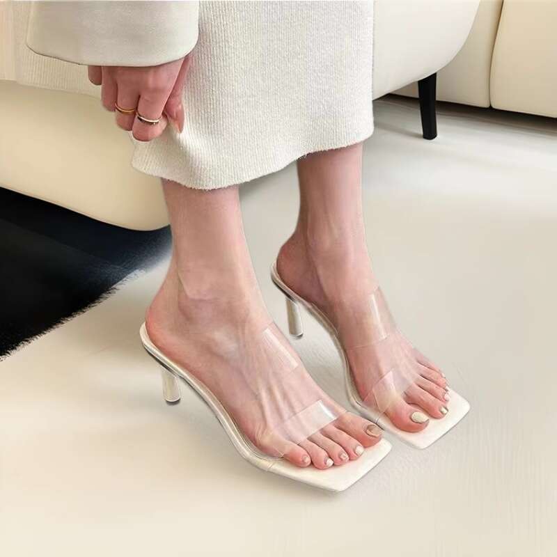 Woman Sandals Transparent Square Toe Temperament High Heeled Sandals For Women S Summer And Autumn New Style One Line Slim Heel Sandals Fairy Style Cr