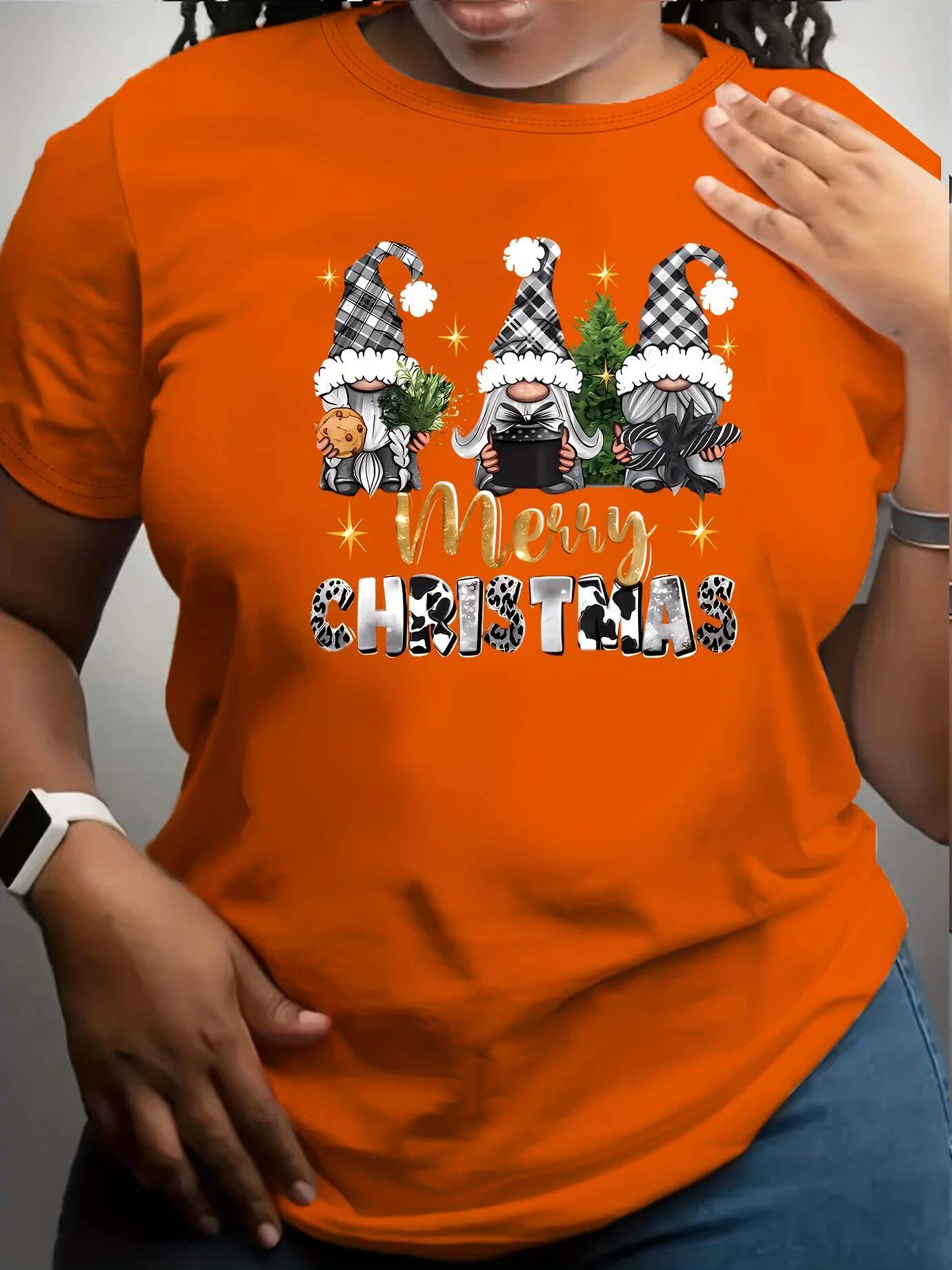 Ddmytues Christmas Women's Red T-Shirt Merry Lettering Black T-Shirt Top With White Gnome Women