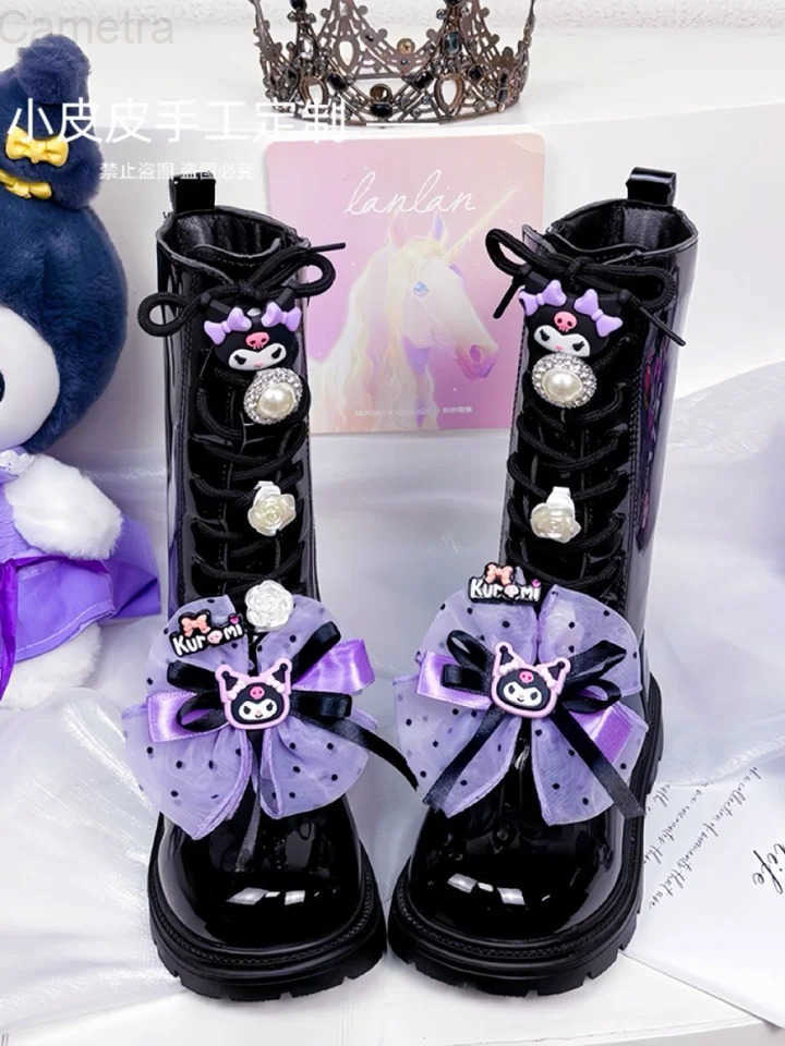 Sanrio Kawaii Anime Children Shoes Kuromi Girls Long Leather Boots Winter Kids Fashion Cartoon Soft Soled Casual Cotton Shoes H251110