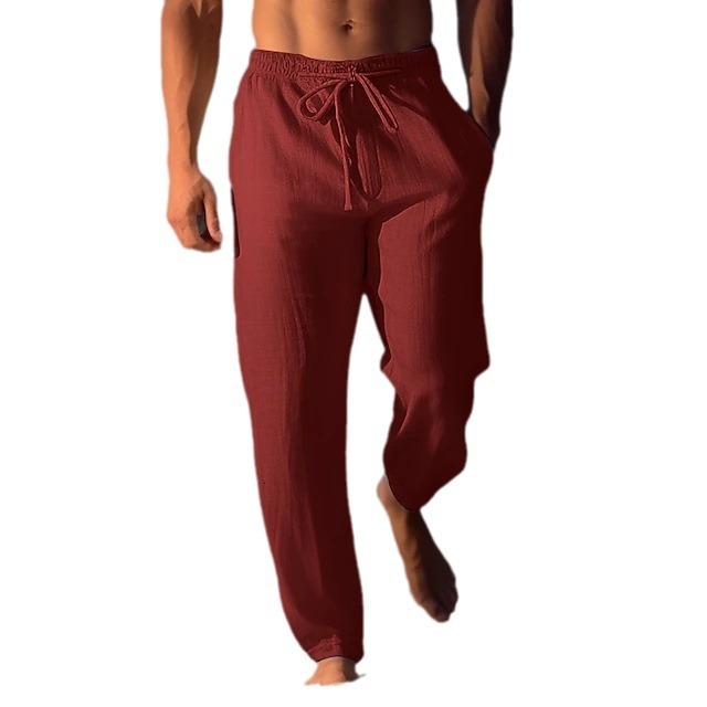 Mens linen pants summer pants beach pants drawstring elastic waist straight tube flat comfortable breathable casual daily wear
