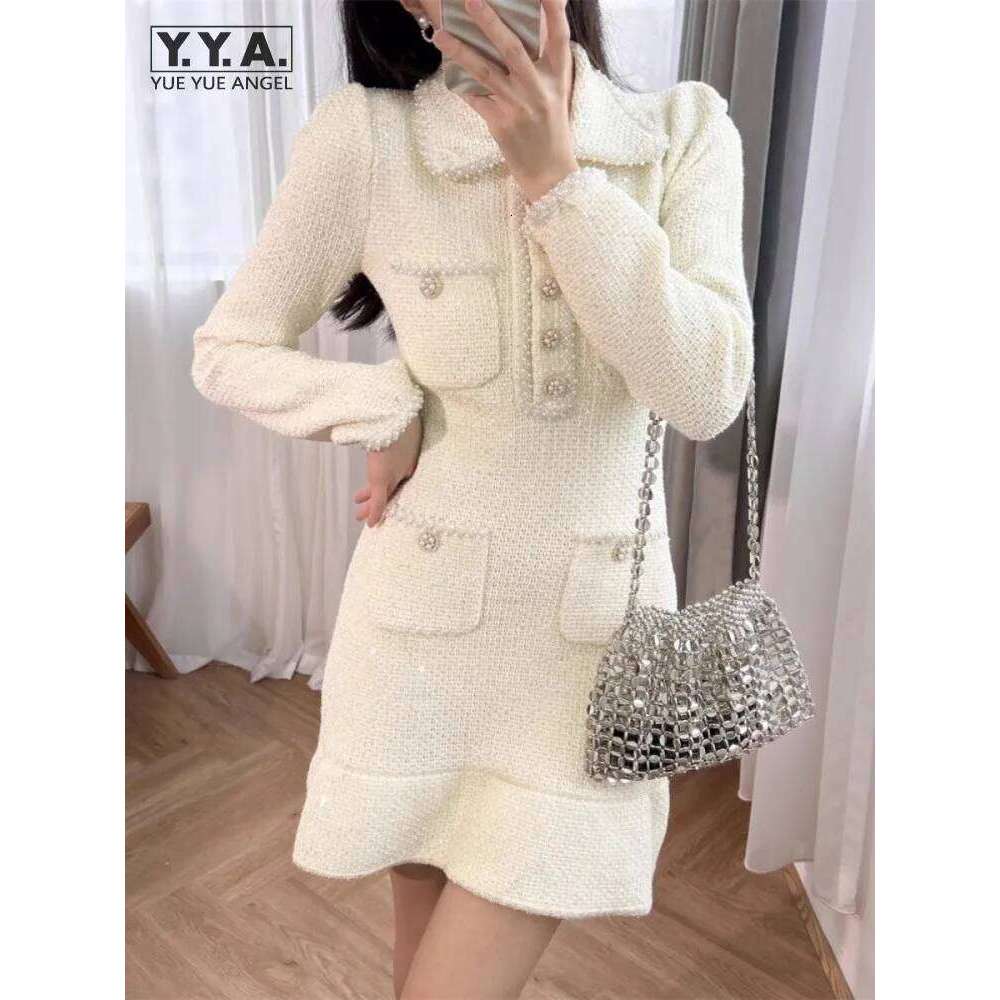 High Waist Sweet Women Tweed Lapel Long Sleeve Pearl Sequins A-Line Short Dresses Slim Fit Office Ladies Elegant Dress