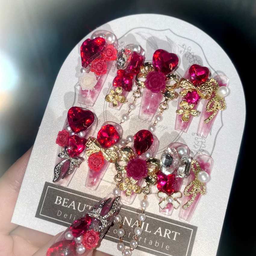 24pcs Heavy duty Metal Red Crystal Design Fake Nail 3D Gold Bow Pearl Decoration Bridal Fake Nail Tip Full Cover Diamond Press Nail W250410