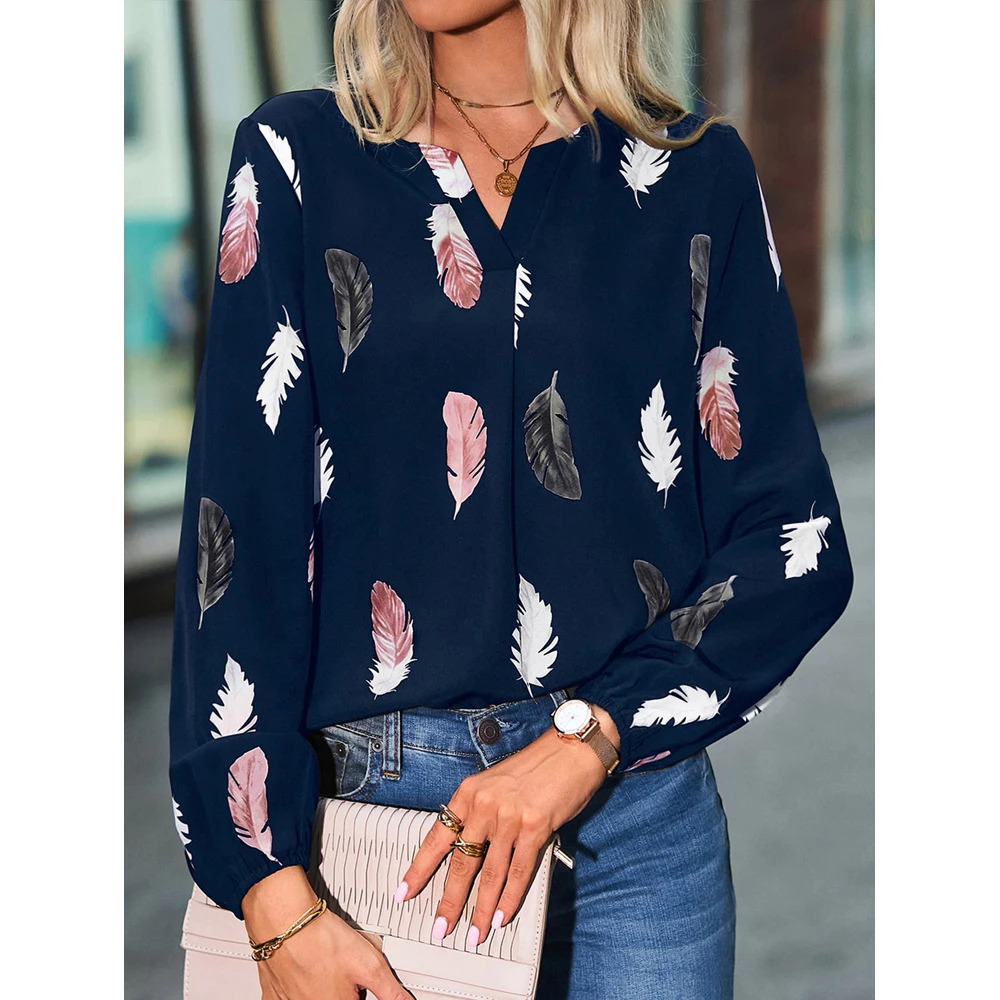 Fashionable womens shirt fashionable womens long sleeved feather patterned womens top elegant chiffon unprinted womens dress 250409