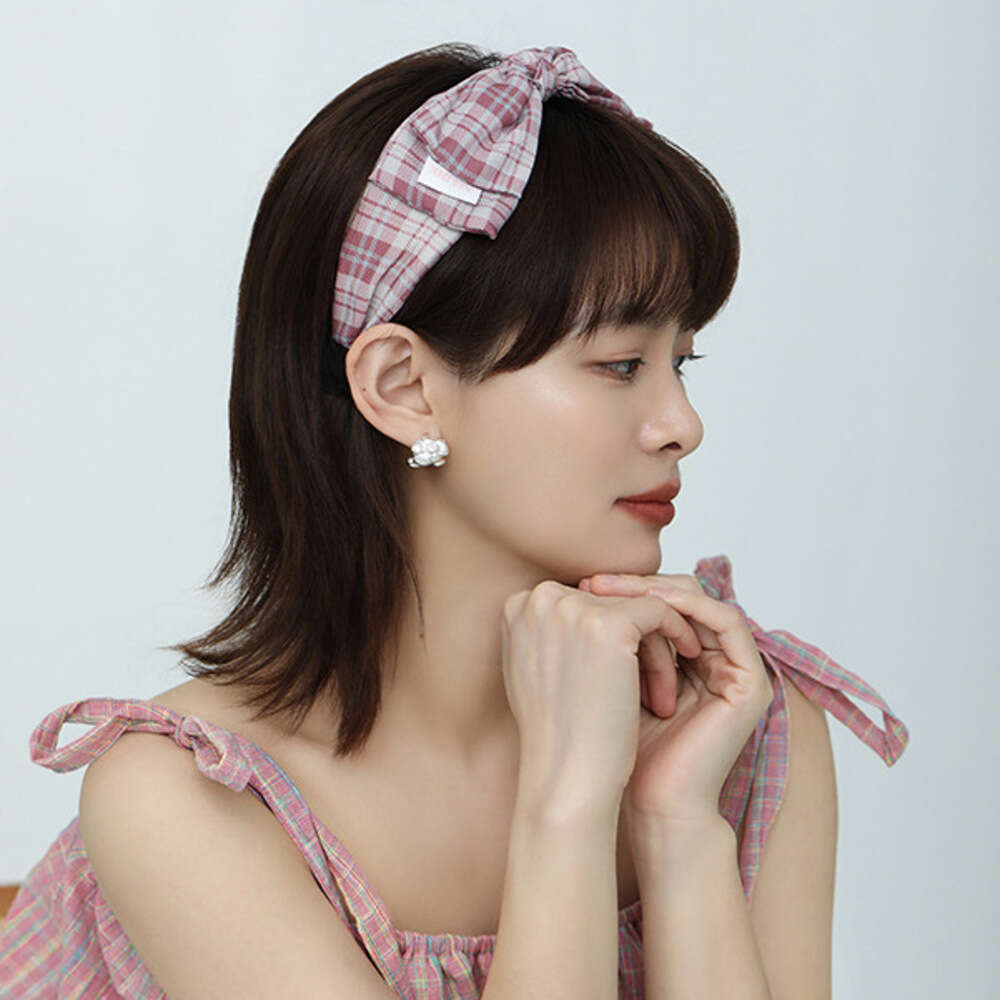 ins Korean Version Gentle Pink Plaid Bow Hairband for Women Fashion Simple Versatile Elegant Face Washing Headband Hair Accessory