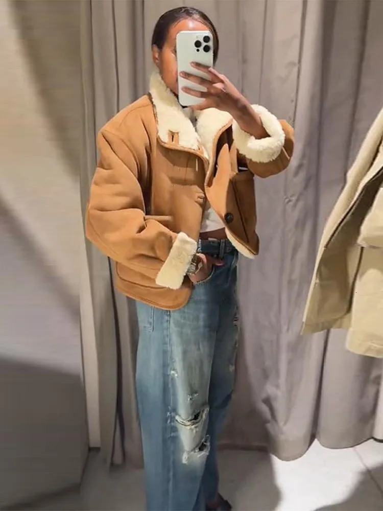 Vintage Womens Reversible Cropped Jacket Stand Collar Tops Button Front Coat Warm Autumn Winter Outerwear High Street Clothes 251103