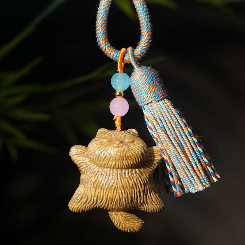 Sandalwood Carved Lying Cat Cute Pet Pendant Phone Chain Bag Tassel Wooden Ornament