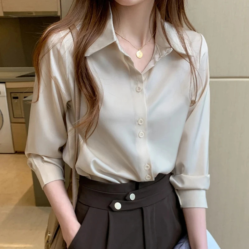 Womens silk shirt V-neck solid lace top womens spring fashion satin long sleeved shirt button white OL retro top 250409