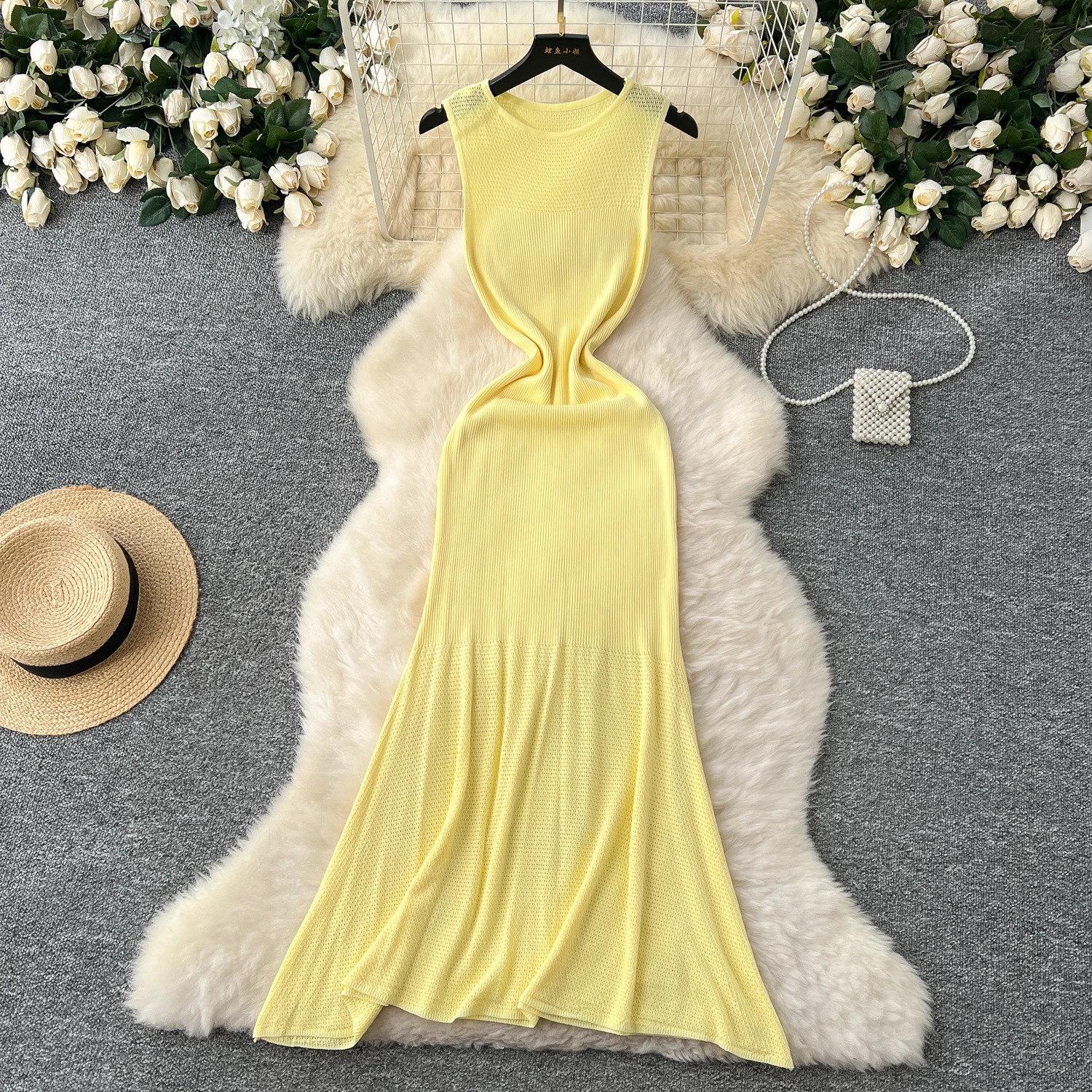 Yellow Hollow Out Knit Elastic Bodycon Dress Sexy Beach Vacation Slim Sundress Women Casual Mermaid Vestidos Maxi Long Dress 250409