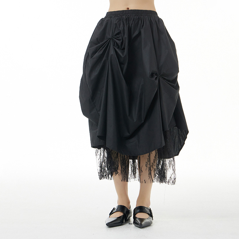 Y42190 High Quality Spring Temperament Original Large Size Women's Pleated Skirt Loose Slimming Mesh Splicing Skirt