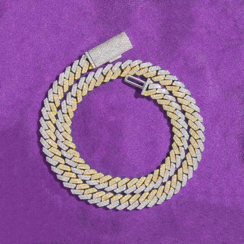 10MM 12MM Pass Diamond Tester Hip Hop D Color Split Two Tone Moissanite Mens Cuban Link Chain With 925 Sterling Silver GRA