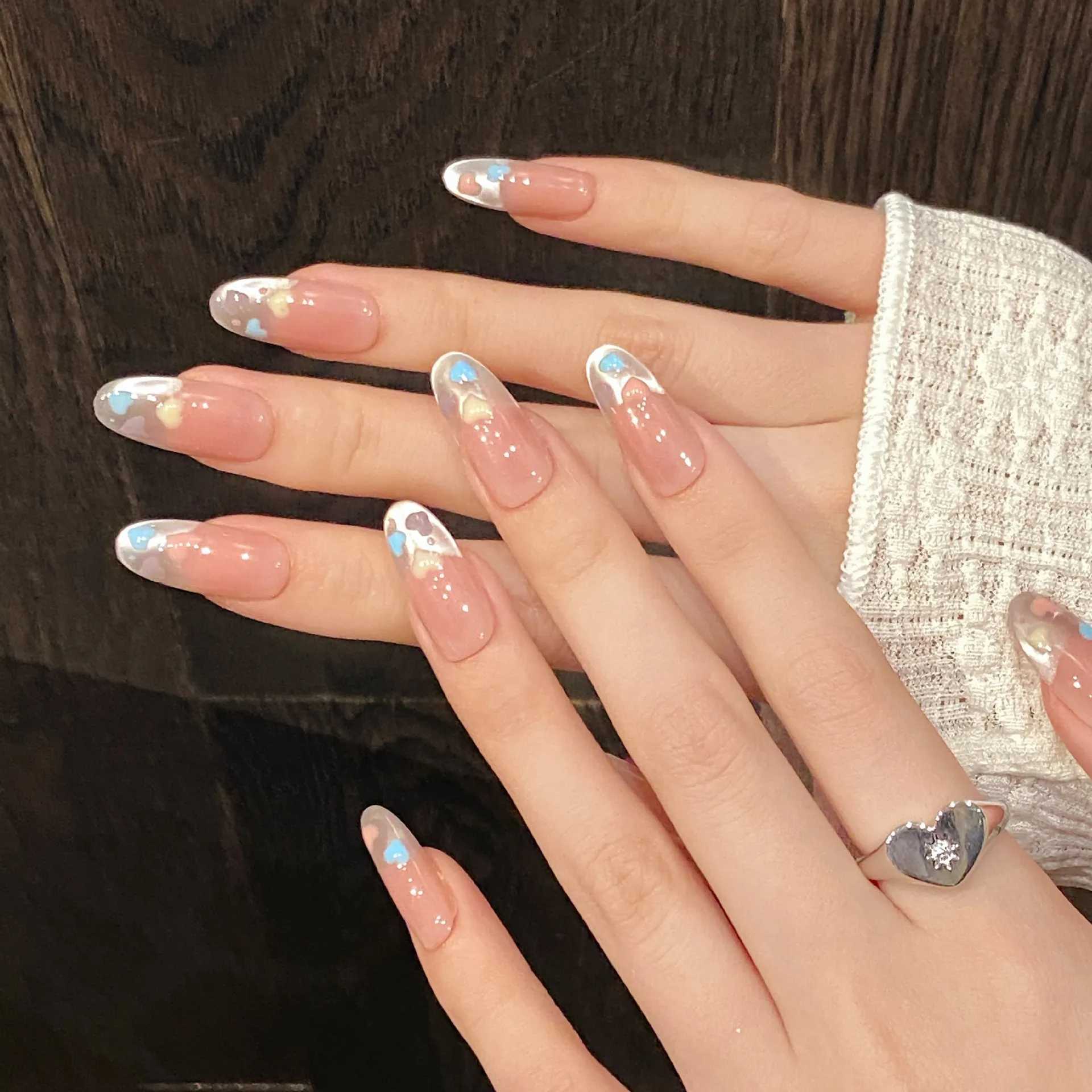 0 pieces of simple handmade fake nails with gradient pink design reusable art French cat eye oval shaped press nails W250410