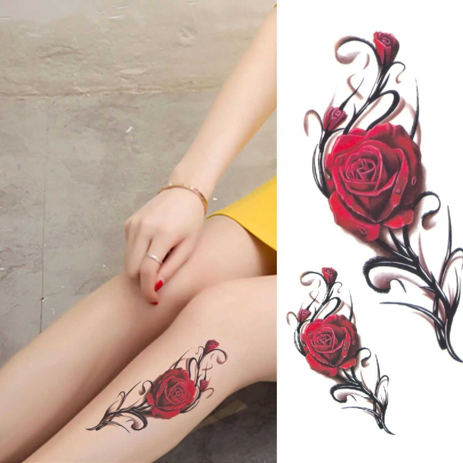 Sexy Rose Fake Tattoo Female Arm and Abdominal Flower Tattoo Waterproof Art Temporary Tattoo Stickers Durable Tattoo Stickers W250410