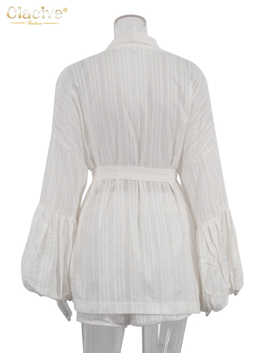 Clacive Fashion Loose White Cotton Set Womens 2-piece Elegant Puff Hoodie Womens High Waist Shorts Set 250409