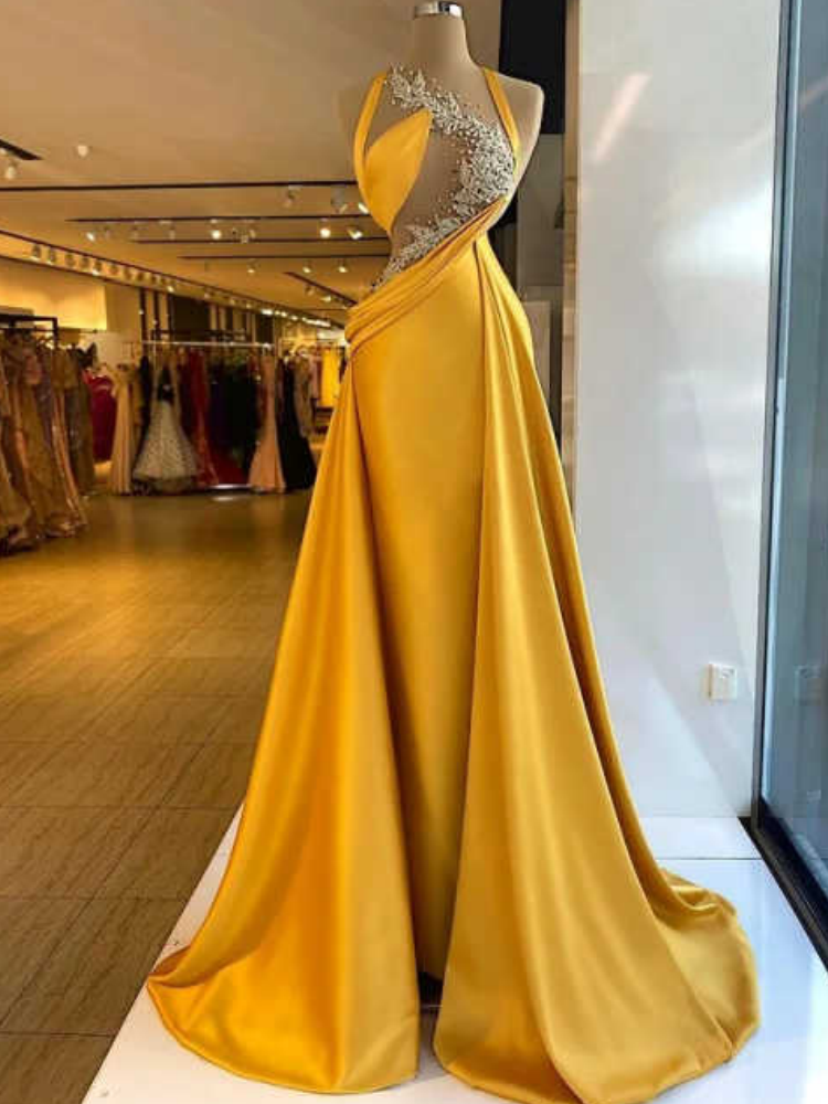 Mermaid Evening Dresses Bright Yellow Beaded Lace Appliques Sexy Top Illusion Prom Gowns Elegant Satin Vestido De Novia