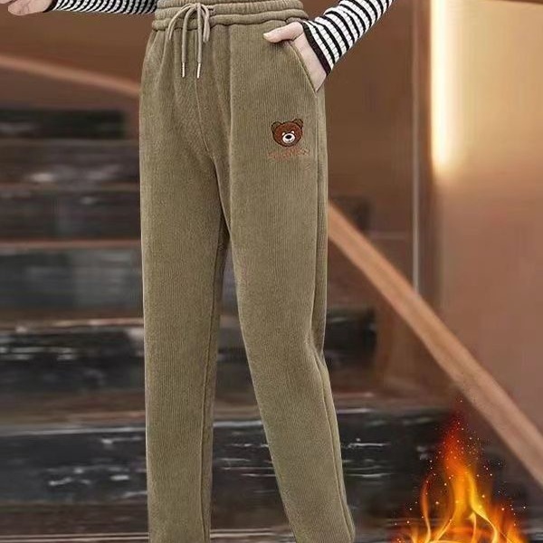 Fleece-Lined Thickened Sweatpants for Women 2025 Autumn Winter High-Waisted Joggers Slimming Bear Embroidery Corduroy Casual Sports Pants 201102 Z2603