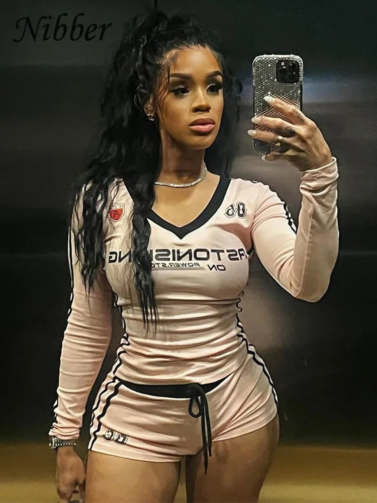 Nibber womens track and field clothing 2-piece set stroke tight Hipster letter printed sports and leisure crop topshorts vitality matching set 250409
