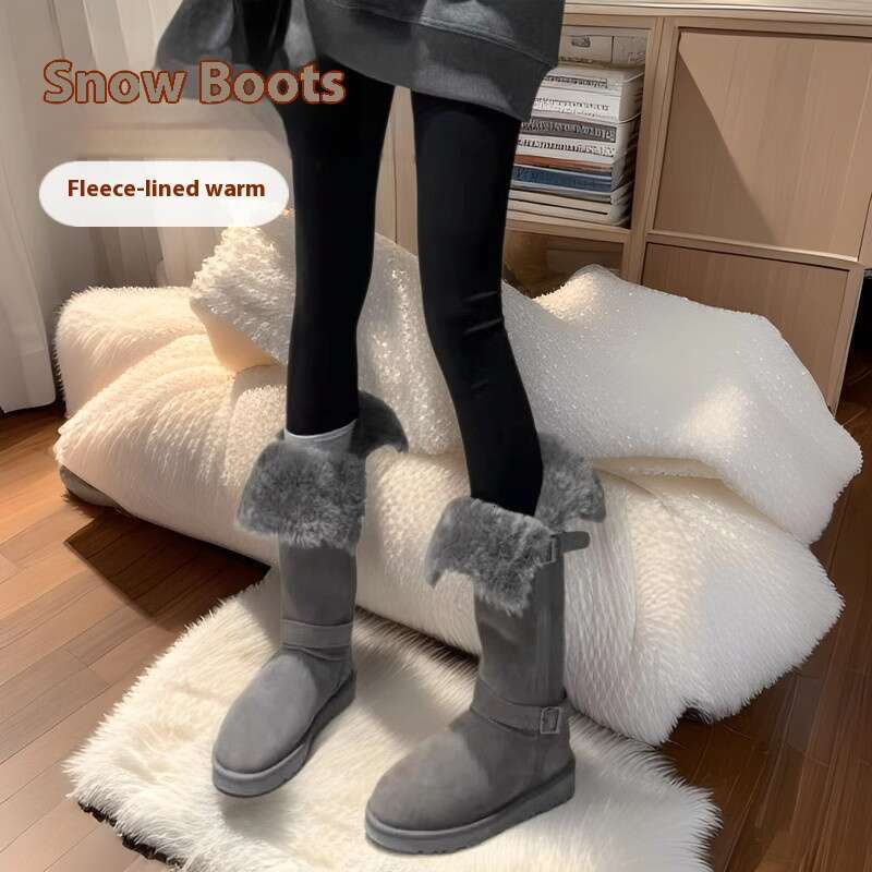 Woman Sandals Grey New Round Toe Boots With Flat Bottom And Plush Midsole Snow Fur Cotton Shoes For Women