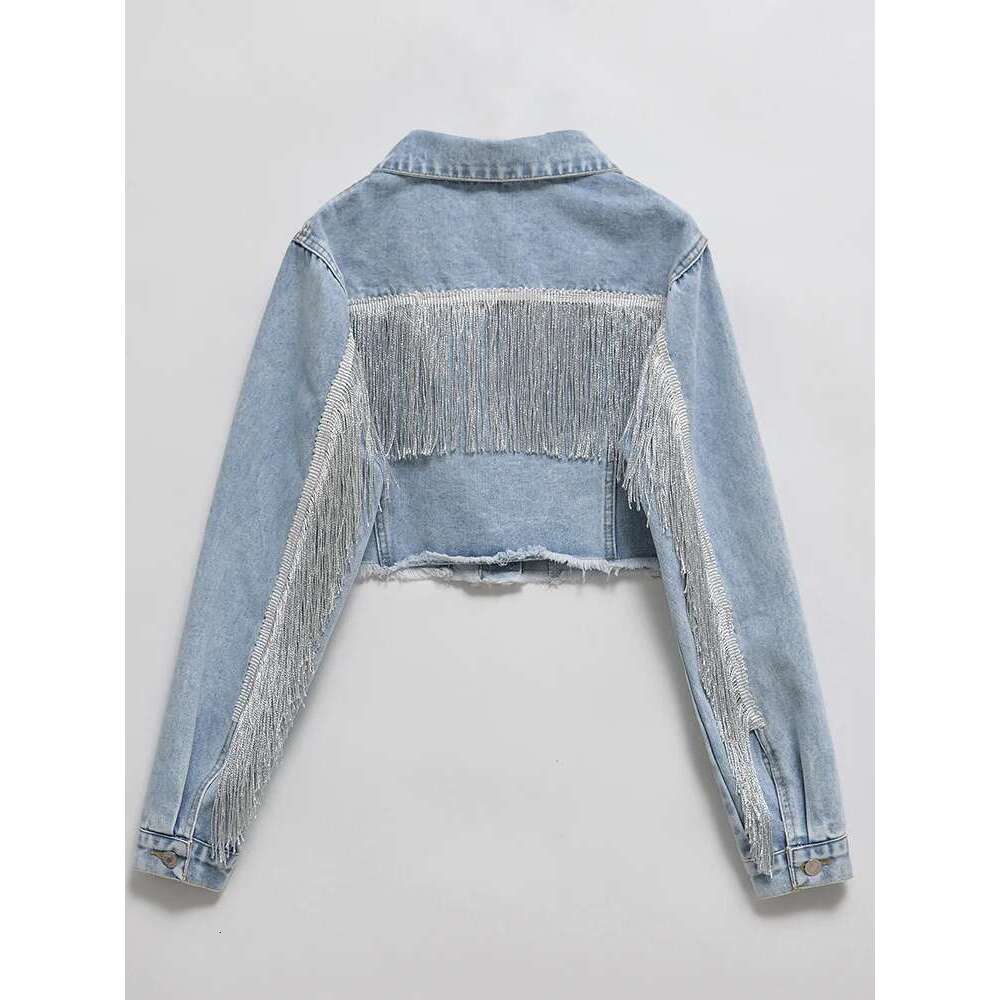 Fitaylor Autumn Winter Women Vintage Long-Sleeve Loose Tassel Blue Short Denim Jacket Lady Single Breasted Pocket Jeans Coat