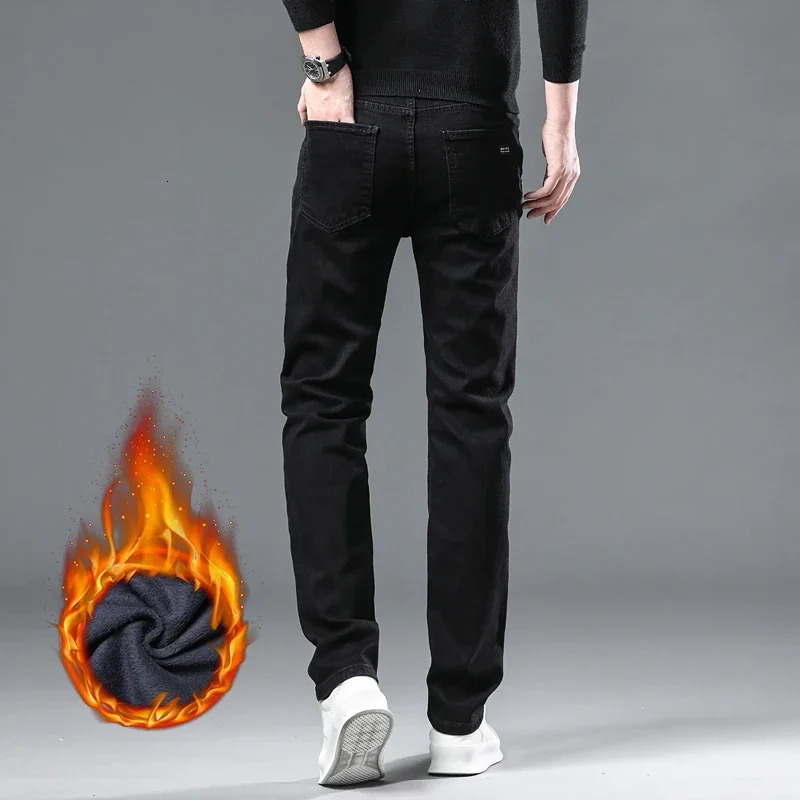 Winter mens black straight stretch denim thick velvet pants warm jeans casual wool thread plus size 250407