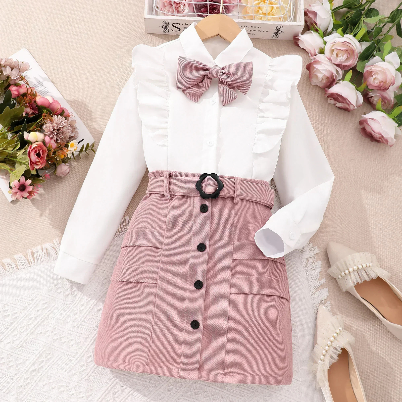 Spring and Summer Girls Clothing Set Long Sleeve Polo Neck Solid Color Half Belt Fashion Childrens Set 8-12 Years Old 250409