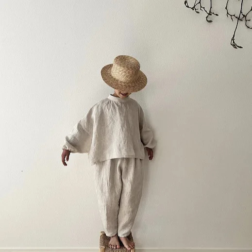 Childrens clothing set autumn cotton linen casual T-shirt and loose casual pants unisex fashion two-piece set 250409
