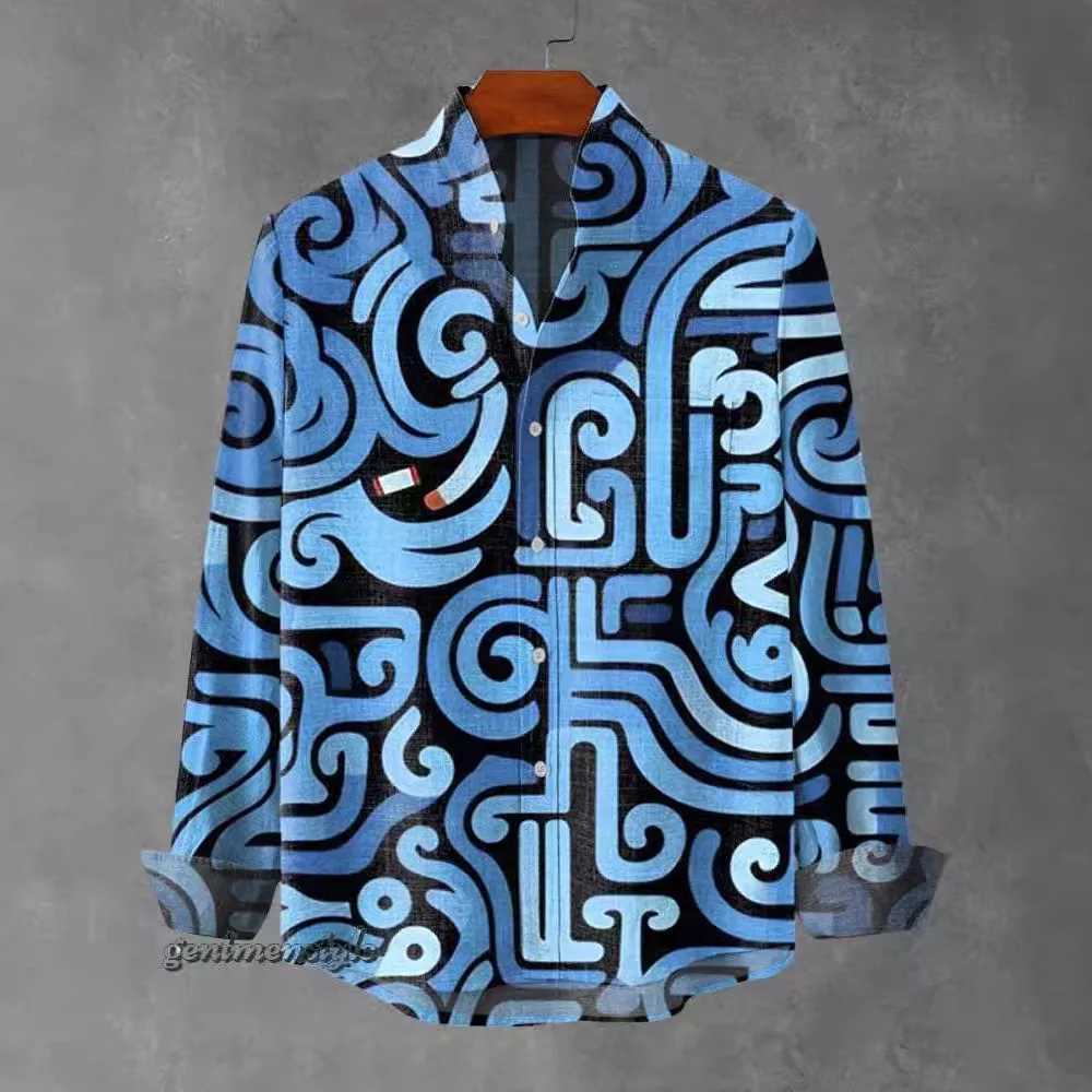 Mens standing collar long sleeved shirt 3D printed with irregular stripes fashionable gentlemans spring and autumn 2025 X250410