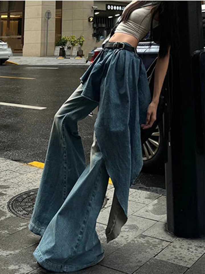 Streetwear Vintage Women Jeans Irregular Fake Two Pieces Patchwork Denim Pants American Fall High Street Hottie Flared Trouser C251110