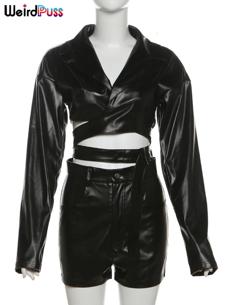 Bizarre Cat PU Hipster Leather 2-piece Set Womens Autumn Trend V-neck Cross Belt Sexy TopShorts Match Street Clothing 250409