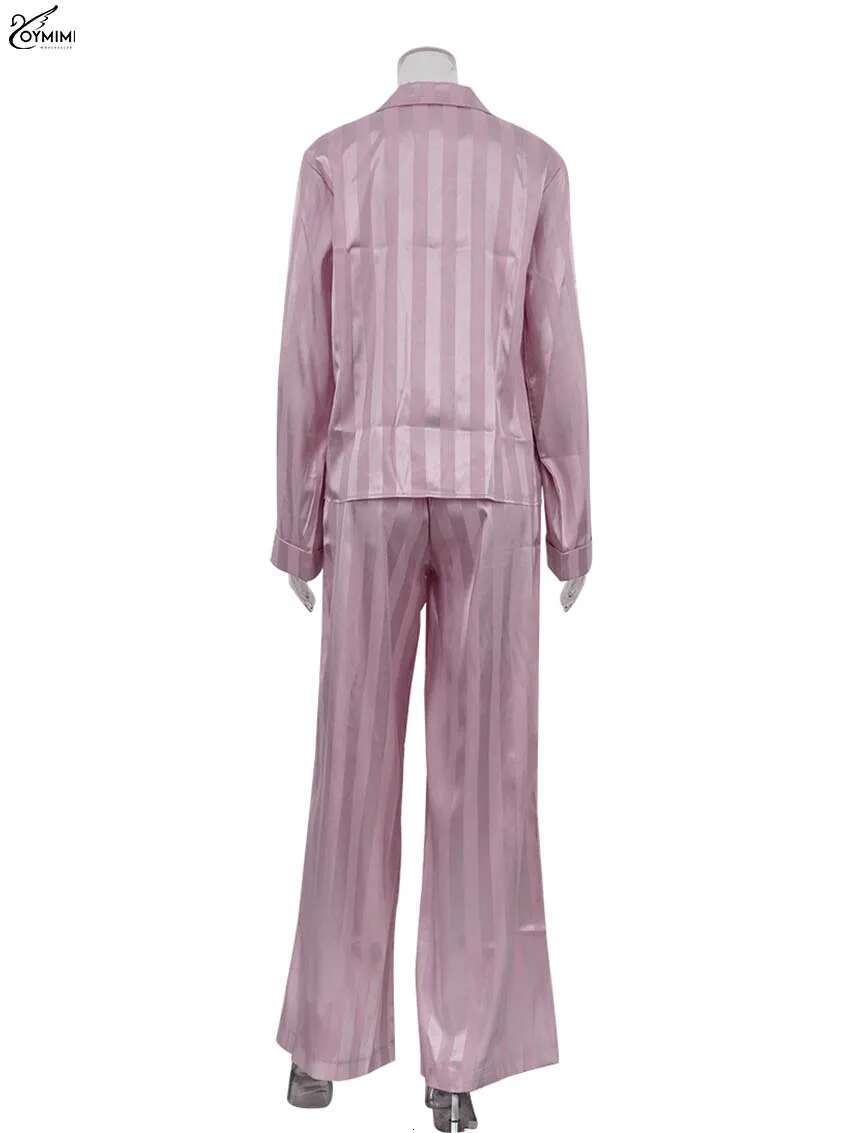 Oymimi Casual Pink Print Women 2 Piece Set Outfit Elegant Lapel Long Sleeve Button Shirts And High Waist Full Length Pants Sets