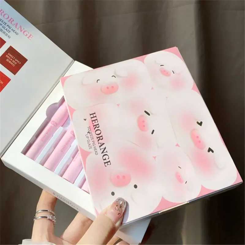 6Pcs Cute Pig Head Lipstick Set Matte Velvet Mist Lip Glaze Waterproof Long Lasting Makeup Not Easy To Fade Lip Gloss CosmeticsT251110
