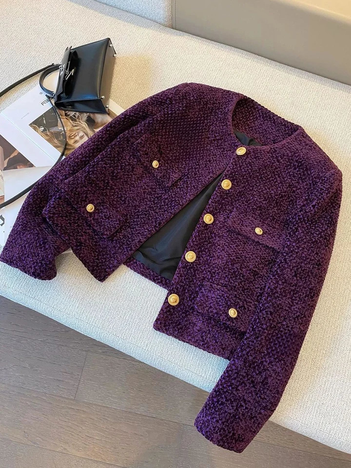 Jmprs Purple Retro Tweed Jacket Women Fall Winter O Neck Long Sleeve Short Coat Korean Casual Elegant Vintage Female Slim Tops 251110
