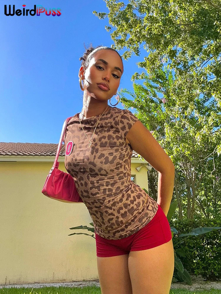 Weird Puss Leopard Print Womens 2-piece Tracksuit Sexy Short Sleeve Cutting TopShorts Elastic Matching Club Clothing Ultra Thin Set 250409