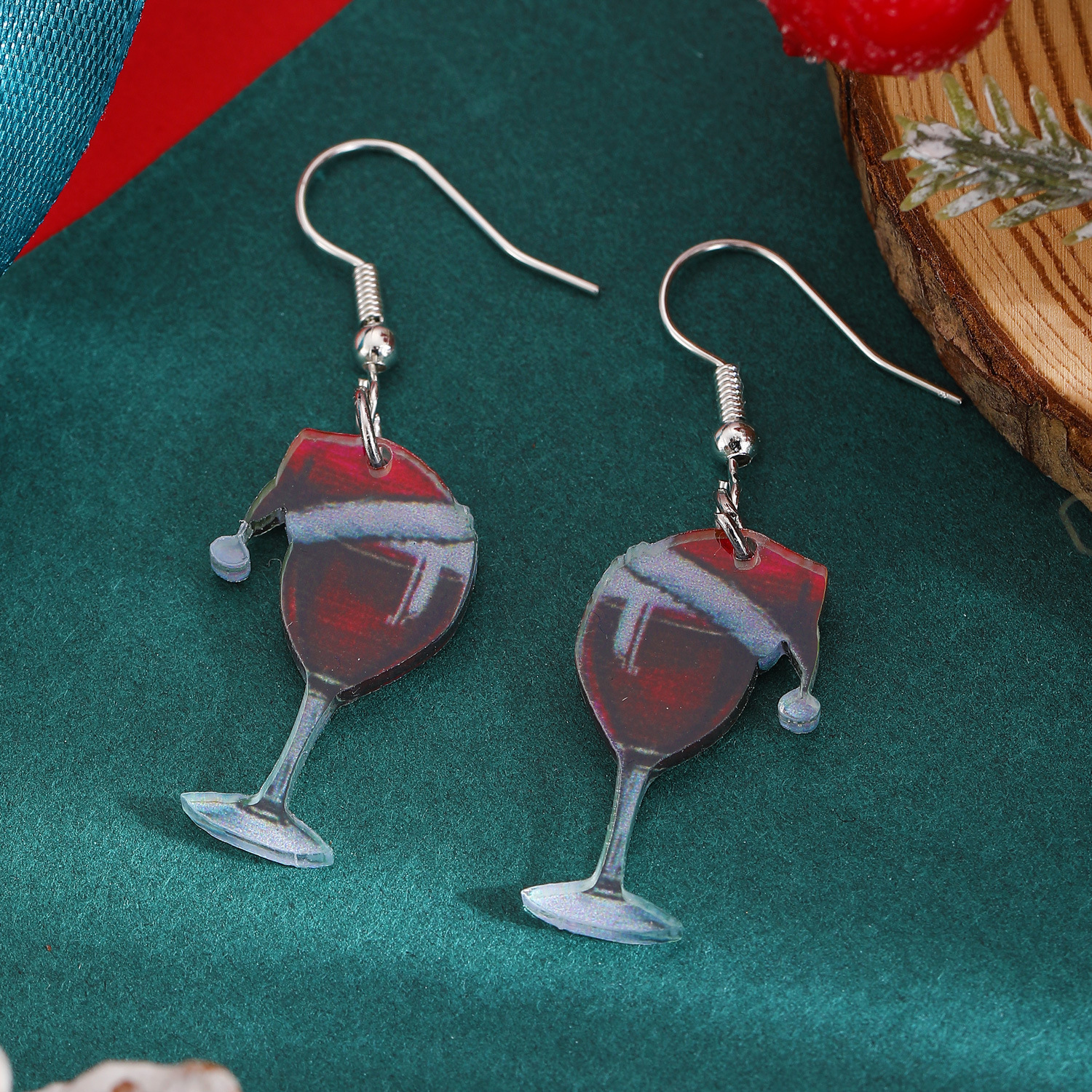 Christmas Wine Glass Pendant for Women Cartoon Acrylic Red Santa Hat Earrings