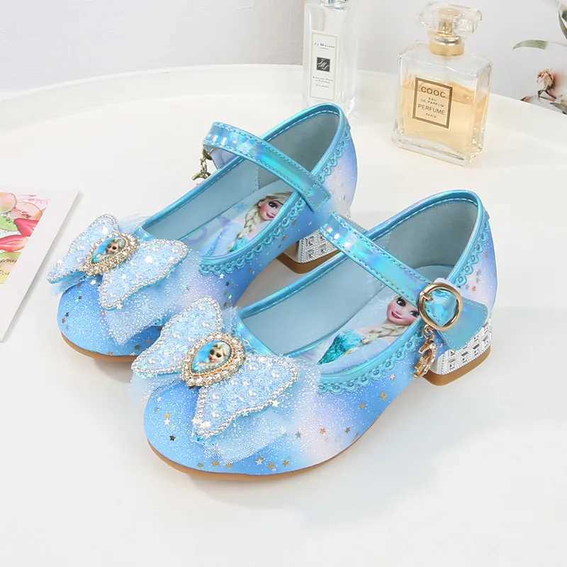 Womens tight shoes childrens high heels princess Elsa girl sparkling rainbow crystal leather pink blue shoes size 23-36 Z250410