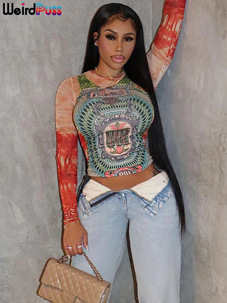 Weird Puss Dollar Print Womens Long sleeved Crop Top Y2K Fashion ONeck Wild Mesh Sexy Fall Slim Hipster Streetwear Gorgeous Tees 250407